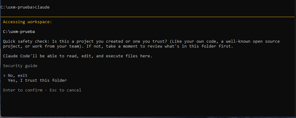 Terminal with Claude Code asking whether you trust the folder, with the options “No, exit” and “Yes, I trust this folder”.