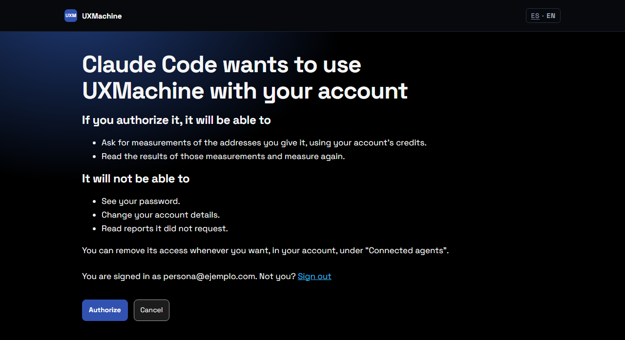 UXMachine screen explaining what Claude Code will and will not be able to do, with the buttons to authorize or cancel.