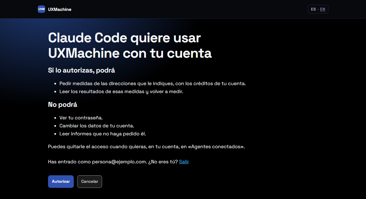 Pantalla de UXMachine que explica qué podrá hacer Claude Code y qué no, con los botones para autorizar o cancelar.