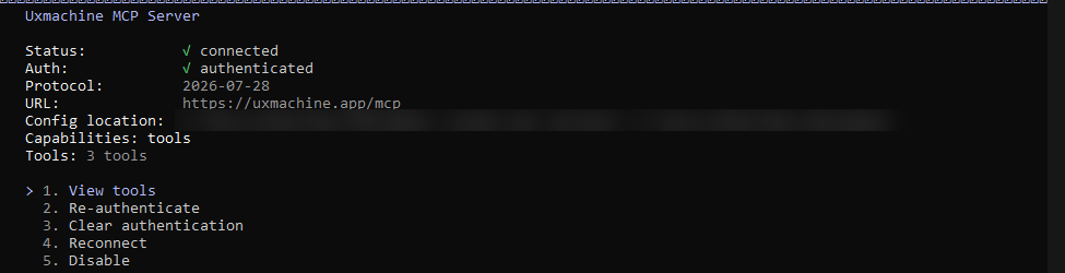 The uxmachine details in Claude Code showing “Status: connected” and “Auth: authenticated”.