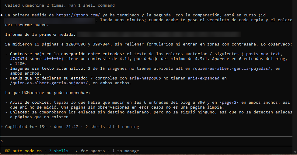 Claude Code’s reply with the report link, what was observed on each page and what UXMachine could not check.